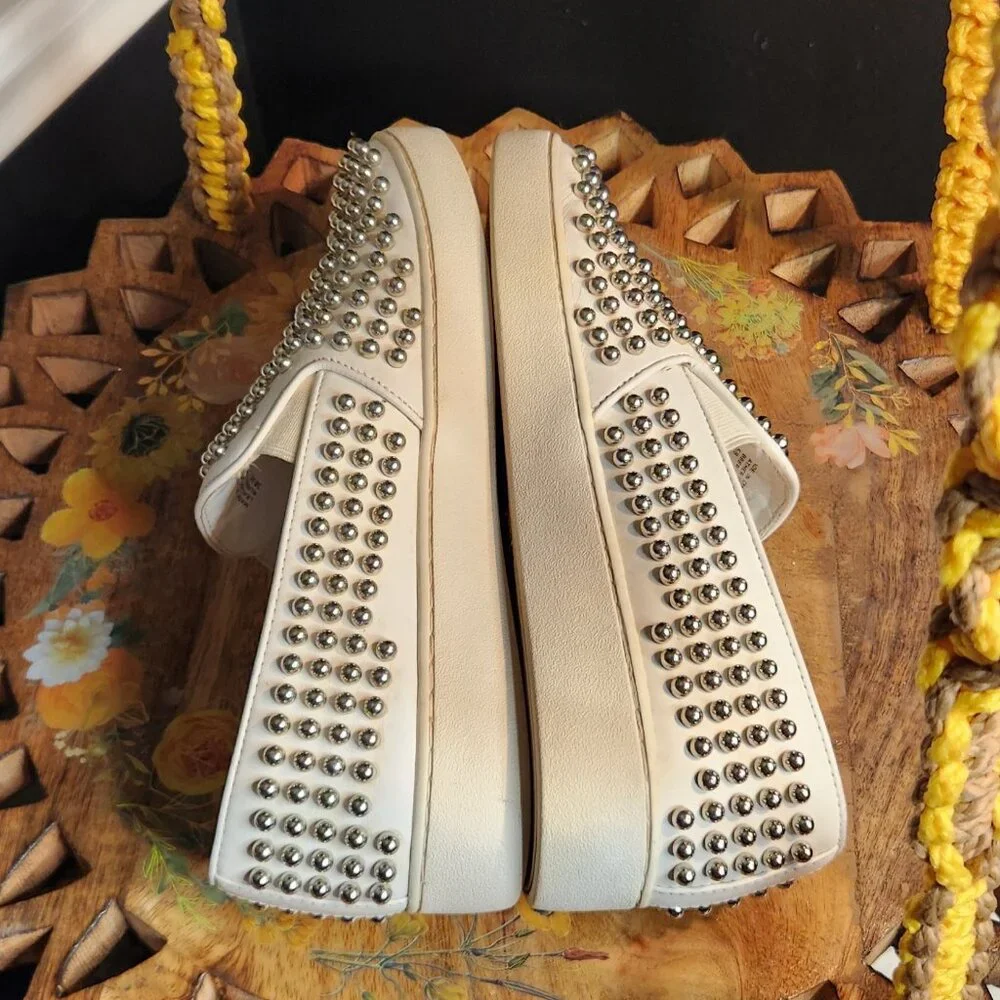 Michael Kors White Leather Slip-On Sneakers with Silver Studs